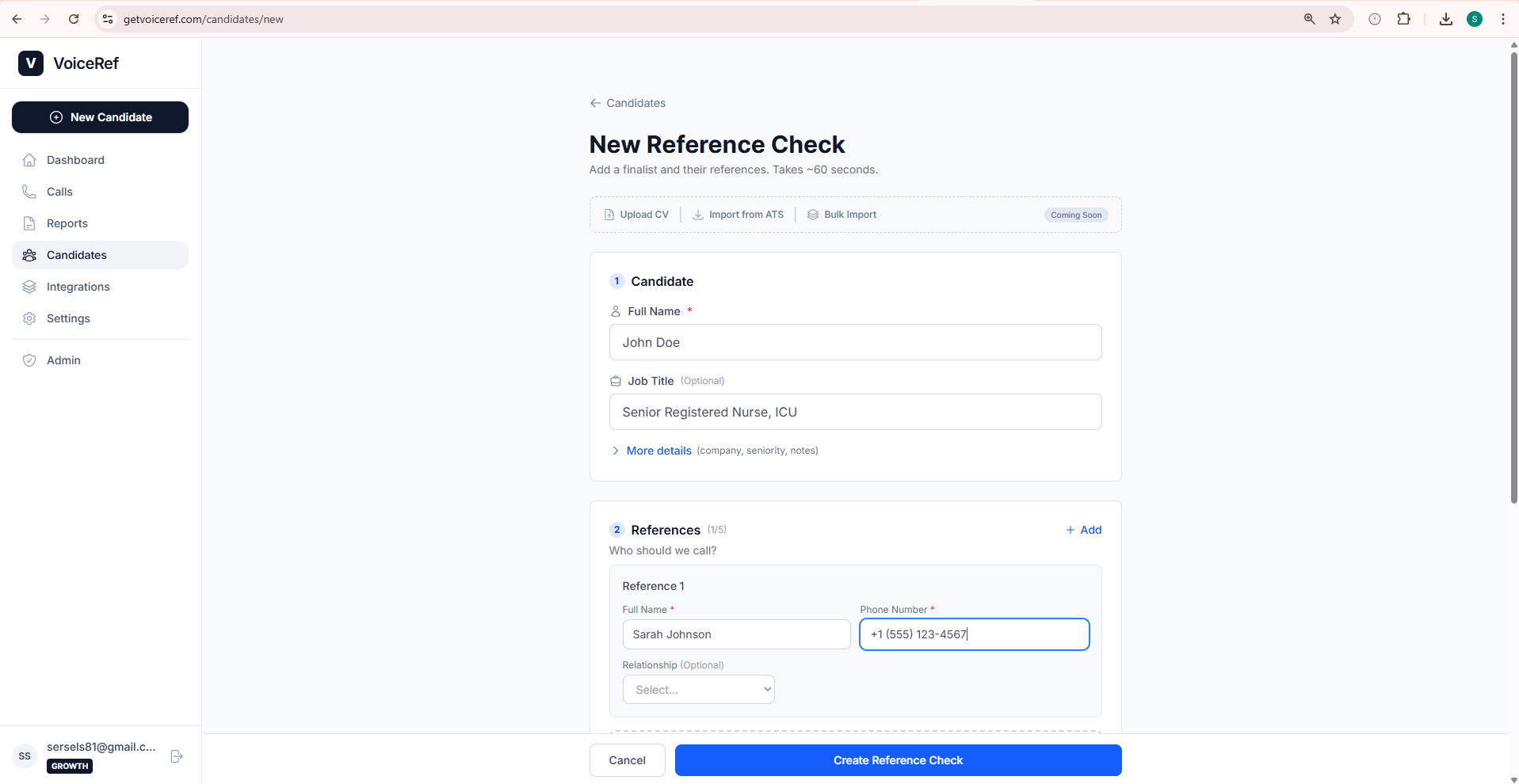 VoiceRef add reference form showing name, phone, and relationship fields